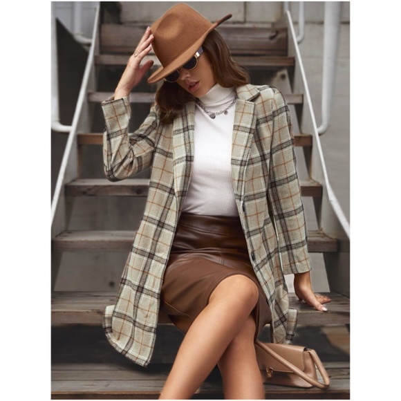 Jackets & Blazers - plaid button tan khaki trench pea coat fall